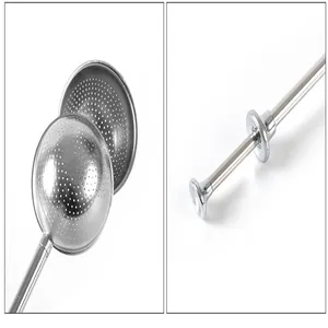 Macro detailed view of 304 stainless steel mesh and push handle of telescopic tea infuser