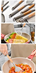 Detail shots showing silicone spatulas with wooden handles used in a pink non-stick frying pan.