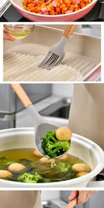 Close-up of heat-resistant silicone brush and slotted spoon with ergonomic wooden handles