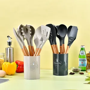12-piece silicone kitchen utensil set with wooden handles and matching storage buckets