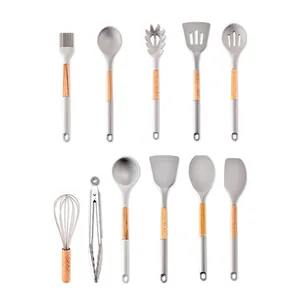 Professional 10-piece silicone kitchen utensil set with heat-resistant wood handles
