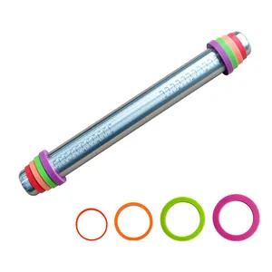 Adjustable stainless steel rolling pin with 4 colorful thickness rings for baking dough.