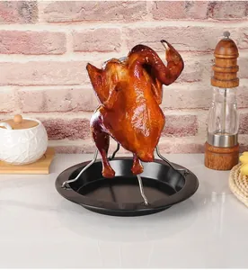 Professional stainless steel chicken roaster rack shown in a kitchen barbecue setting