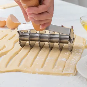 6-wheel wavy stainless steel dough cutter with ergonomic wooden handle for pasta