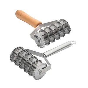 Professional 6-wheel stainless steel wavy noodle cutter with wood and metal handles