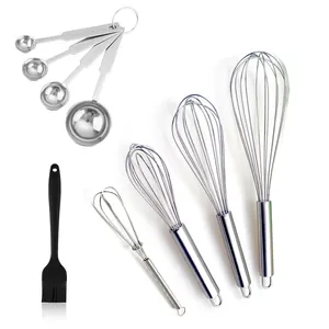Kit de pâtisserie en acier inoxydable avec cuillères à mesurer, fouets et pinceau noir