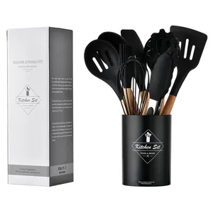 11-piece black silicone kitchen utensil set with natural wooden handles and holder