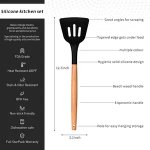 Detailed dimensions and features of black silicone spatula with beech wood handle.