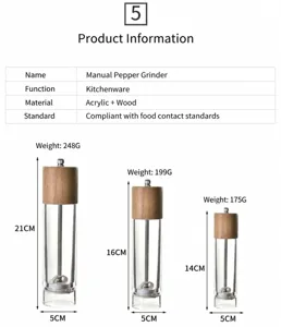 Macro view of three sizes of manual acrylic pepper grinders with oak lids and dimensions.