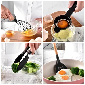 Collage showing black silicone kitchen utensils with wooden handles in a kitchen