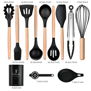 11Pcs Silicone Kitchen Utensil Set With Wooden Handle Heat Resistant Cooking Tools Storage Bucket Egg Separator Spoon Rest Cookware