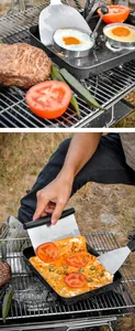 Espátula de barbacoa de acero inoxidable levantando comida en un escenario de camping