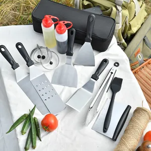 Stainless steel BBQ griddle tool set with storage bag spatulas and sauce bottles