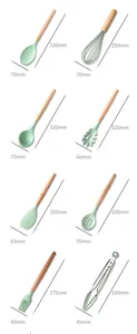 Detailed dimensions of mint green silicone kitchen utensils with wooden handles
