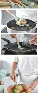 Mint green silicone kitchen utensil set with wooden handles in cooking scenarios