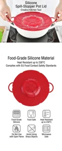 Detail view of a red food-grade silicone spill-stopper lid with safety usage icons
