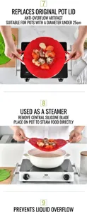 Detailed views of red silicone spill stopper lid showing steaming and anti-overflow uses