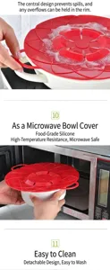 Red silicone spill-stopper lid with flower design, heat-resistant microwave cover