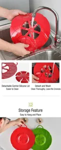 Detail of flower silicone spill lid showing detachable center for easy cleaning and hanging storage