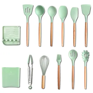 12-Piece mint green silicone kitchen utensil set with wooden handles and bucket