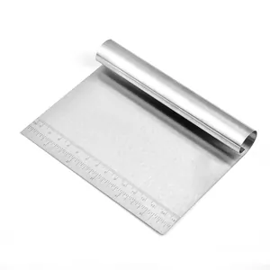 Professional 430 stainless steel dough scraper with precise measuring scale for baking.