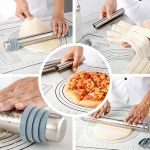 Professional 3-piece stainless steel rolling pin set with dough scraper and kneading mat