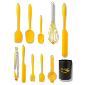 10-piece yellow silicone baking utensil set with black storage bucket organizer