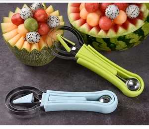Detail view of 3-in-1 fruit carving and ball scooper tool set with carved melon platter