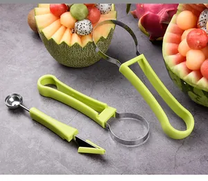 Detail view of a 3-piece stainless steel fruit carving and melon baller scooper set