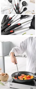 Professional heat-resistant silicone spatula and spoon set in detailed and lifestyle views