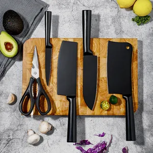 Stainless Steel Kitchen Knife Set Black Non-Stick Coating Chef Cleaver Slicer Utility Knife Scissors With Holder Stand