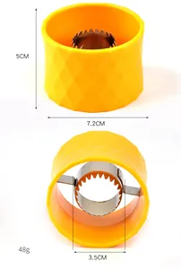 Detailed view of a yellow PP corn stripper tool showing dimensions and serrated stainless blade.