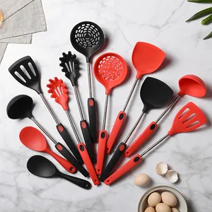 Heat Resistant Silicone Kitchen Utensils With Stainless Steel Handle Non Stick Cooking Spatula Soup Ladle Slotted Spoon Pasta Server Modern Minimalist Kitchen Tools