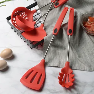 Durable red silicone kitchen utensil set with stainless steel handles for non-stick pans