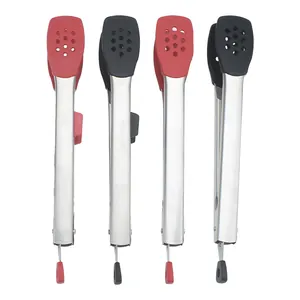 304 Stainless Steel Food Tongs With Heat Resistant Silicone Head Locking Clip Kitchen Cooking Tongs For BBQ Baking Steak