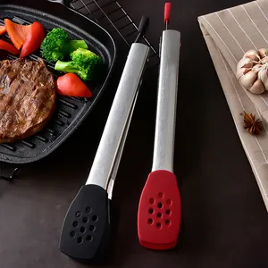 Professional 304 stainless steel food tongs with silicone heads for steak and BBQ