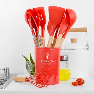 Rode Siliconen Keukengerei Set Met Houten Handvat Hittebestendig Anti-aanbak Kookgerei Schep Soeplepel Spatel Tang Garde Set Voor Keuken