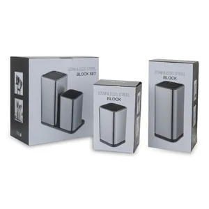 Retail packaging for professional stainless steel knife block set on white background