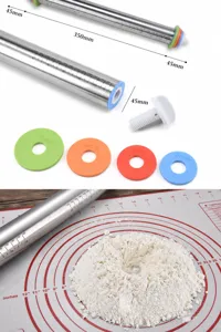 Professional stainless steel rolling pin with adjustable rings and silicone mat set.
