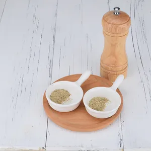 Manual solid wood pepper grinder set with ceramic core and small dipping bowls