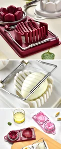 Close-up detail of multi-functional plastic egg slicer showing slicing and wedging wires