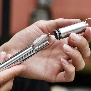 Portable reusable stainless steel telescopic straw with cleaning brush and carrying case