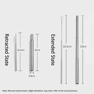 Reusable telescopic 304 stainless steel straw with cleaning brush in folded and extended sizes