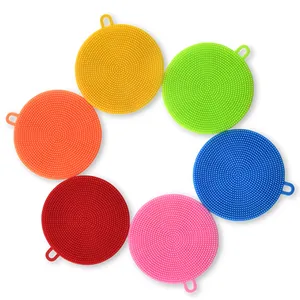 Set of 6 colorful round silicone kitchen dish scrubbers with convenient hanging loops