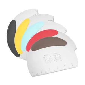 Five-piece stainless steel dough scraper set with multi-color handles and measurement scales