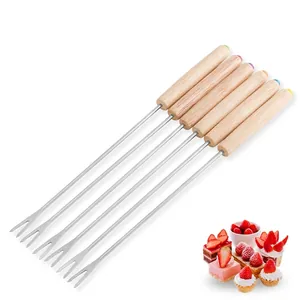 6 Pcs Swiss Cheese Fondue Forks Set With Oak Wood Handle 430 Stainless Steel Chocolate Fondue Forks For Party Dessert