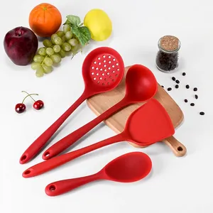 Premium 4-piece red silicone kitchen utensil set including ladle, spatula, and solid spoons.