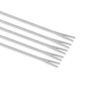 Set of five stainless steel cheese and chocolate fondue forks with two-pronged tips