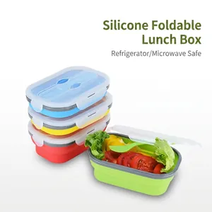 Opvouwbare Siliconen Lunchbox Uitschuifbare Draagbare Bento Box Met Vork Voor Kinderen School Picknick Outdoor Reizen Voedselcontainer