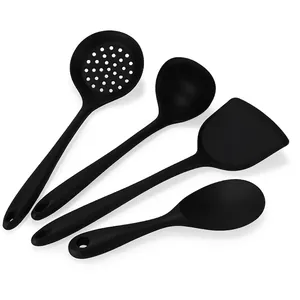 4-piece heat-resistant black silicone kitchen utensil set including spatula and ladle.